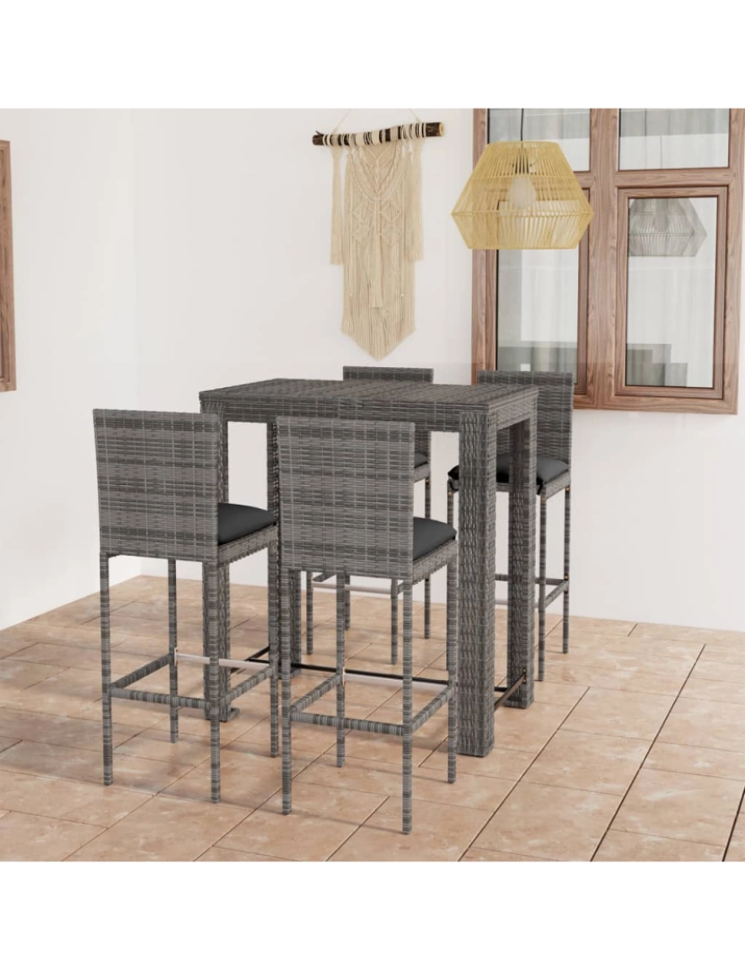 imagem de vidaXL 5 pcs conjunto de bar p/ exterior + almofadões vime PE cinzento2