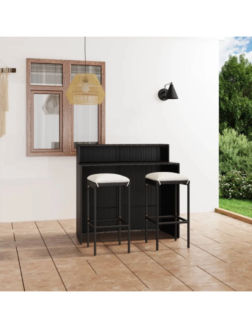 imagem de vidaXL 3 pcs conjunto de bar para jardim com almofadões preto2