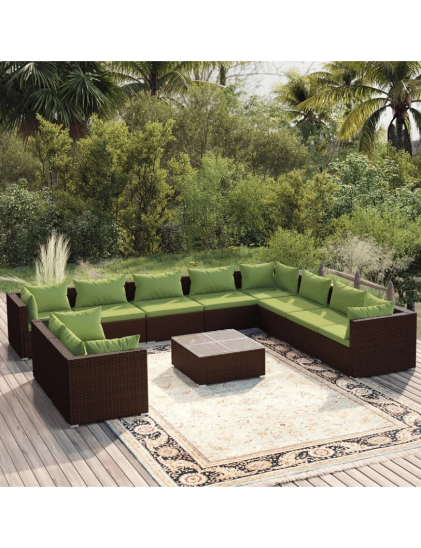 imagem de vidaXL 11 pcs conjunto lounge de jardim c/ almofadões vime PE castanho2