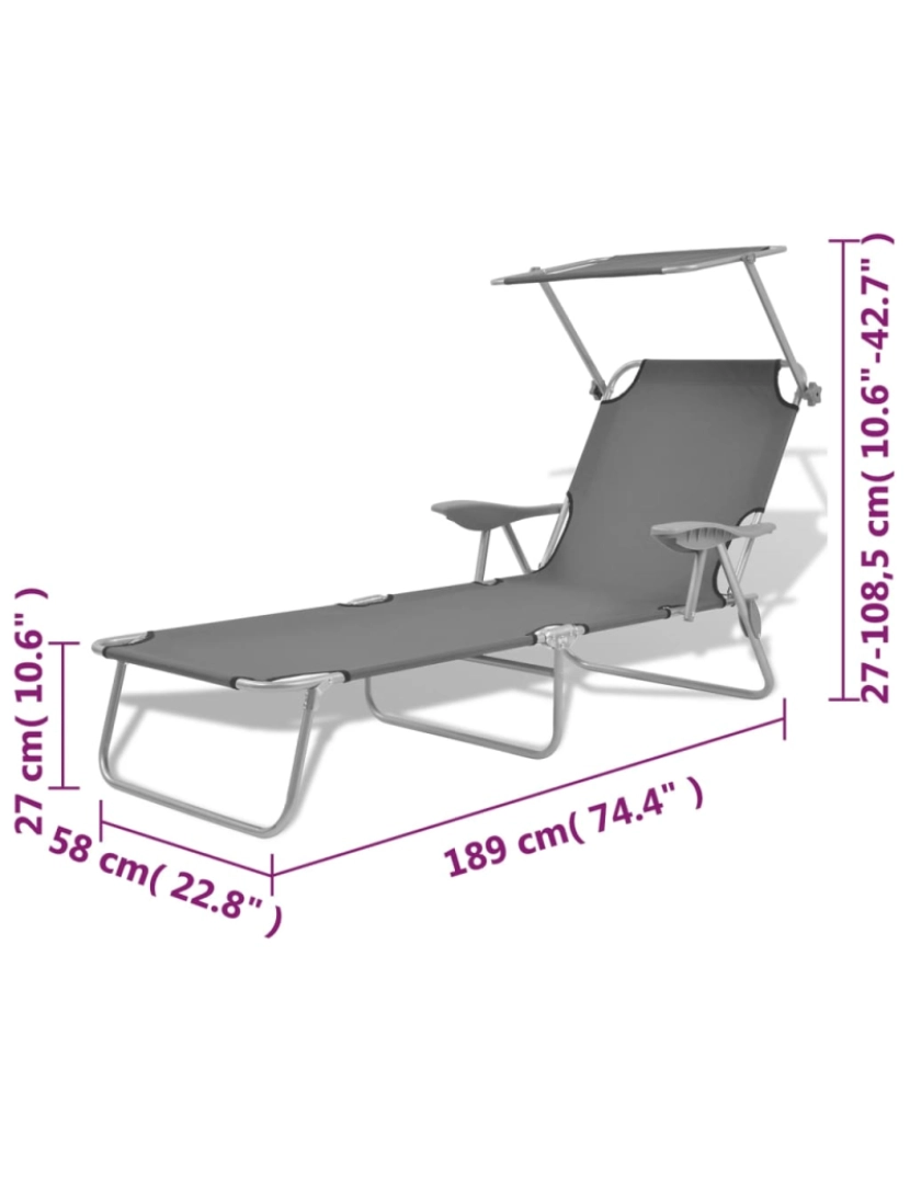 imagem de vidaXL Espreguiçadeira com toldo aço cinzento9