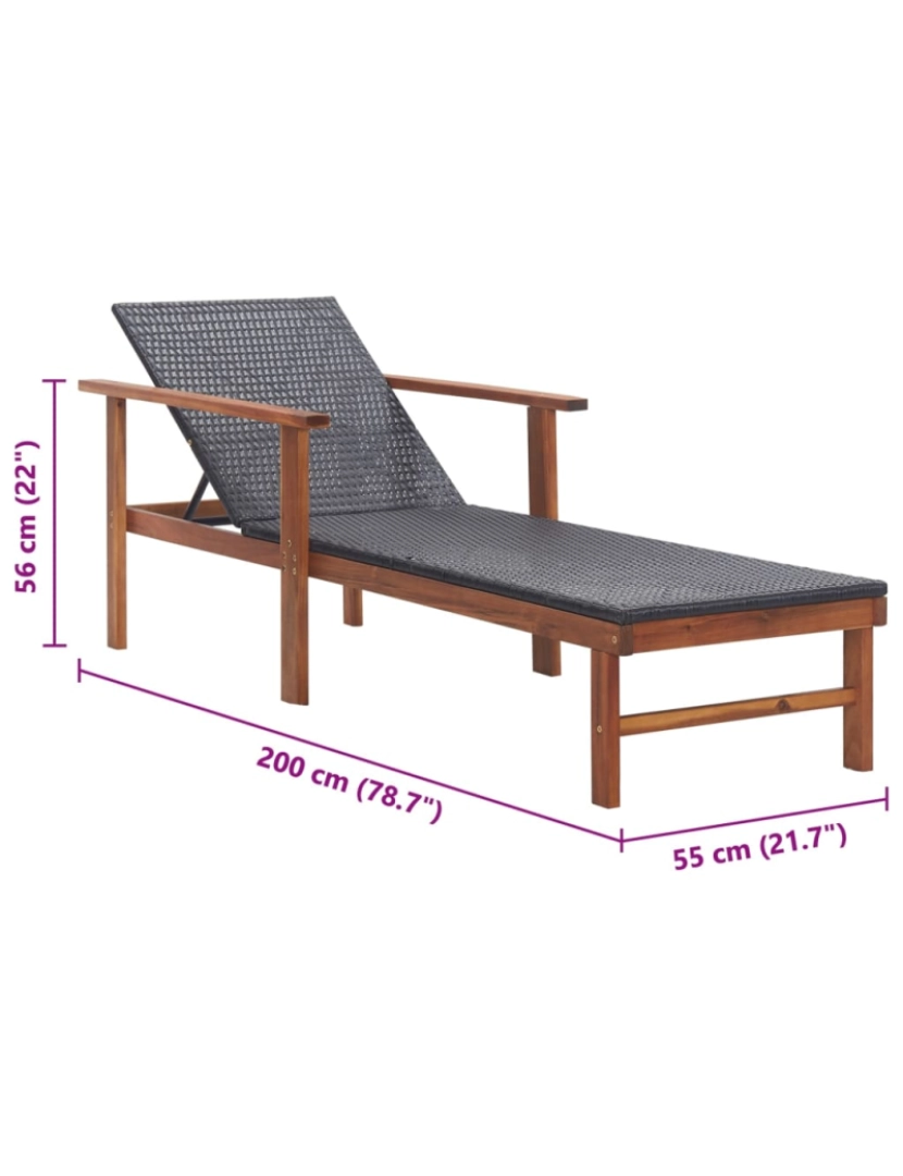 imagem de vidaXL Espreguiçadeira vime PE e madeira acácia maciça preto10