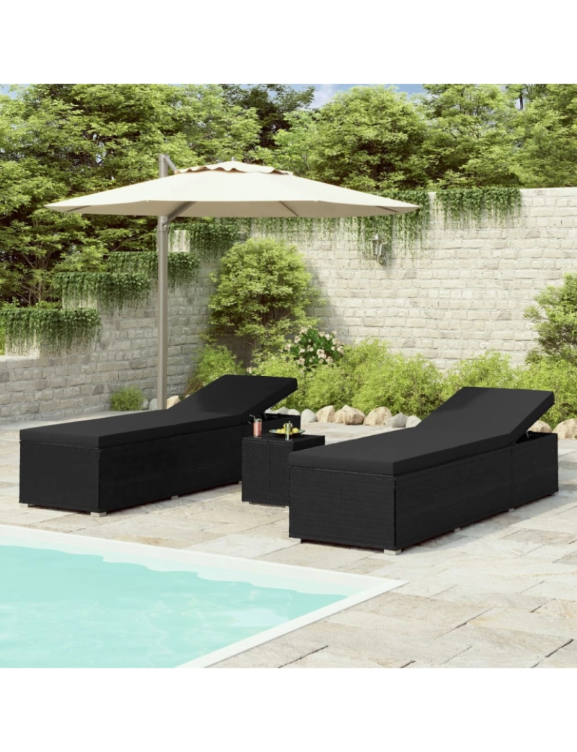 imagem de vidaXL 3 pcs espreguiçadeiras jardim c/ mesa de centro vime PE preto3