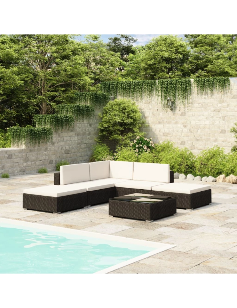 imagem de vidaXL 6 pcs conjunto lounge de jardim c/ almofadões vime PE preto2