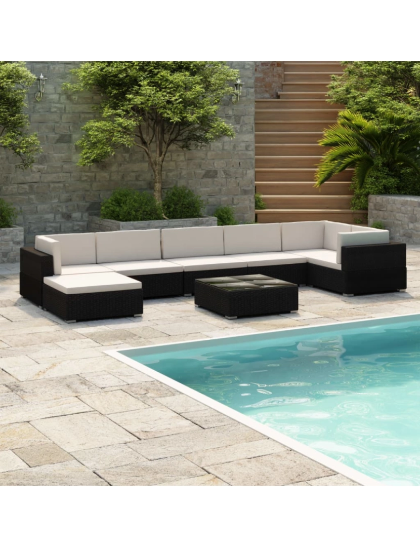 imagem de vidaXL 8 pcs conjunto lounge de jardim c/ almofadões vime PE preto2