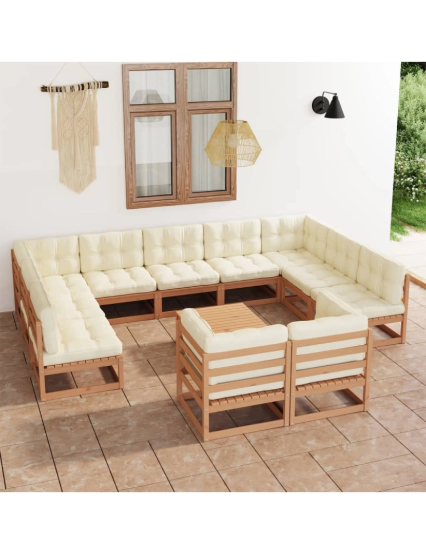 imagem de vidaXL 12 pcs conj. lounge jardim almofadões pinho maciço castanho mel2