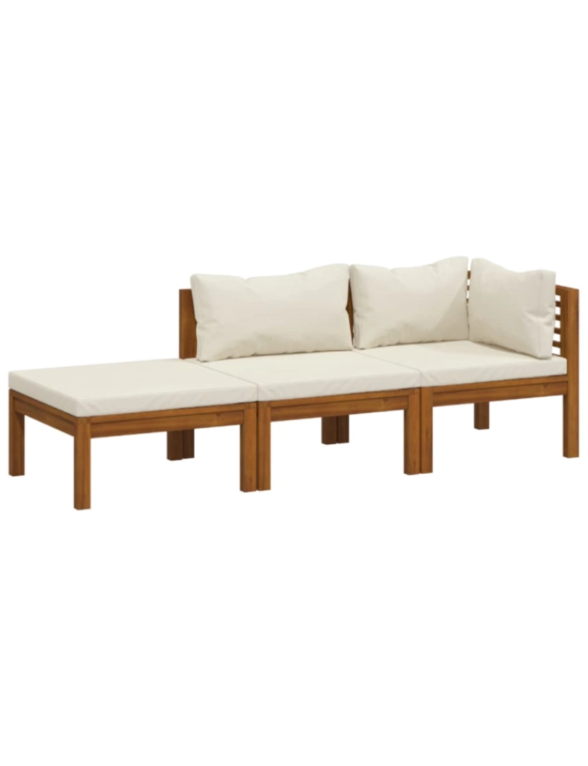 imagem de vidaXL 3 pcs conjunto lounge jardim c/ almofadões creme acácia maciça1