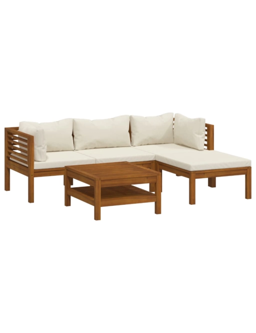 imagem de vidaXL 5 pcs conjunto lounge jardim c/ almofadões creme acácia maciça1