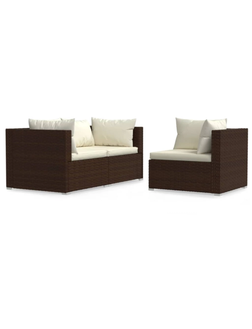 imagem de vidaXL 3 pcs conjunto lounge jardim c/ almofadões vime PE castanho1