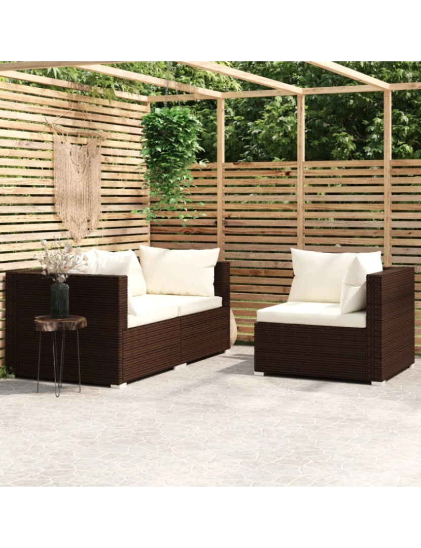 imagem de vidaXL 3 pcs conjunto lounge jardim c/ almofadões vime PE castanho2