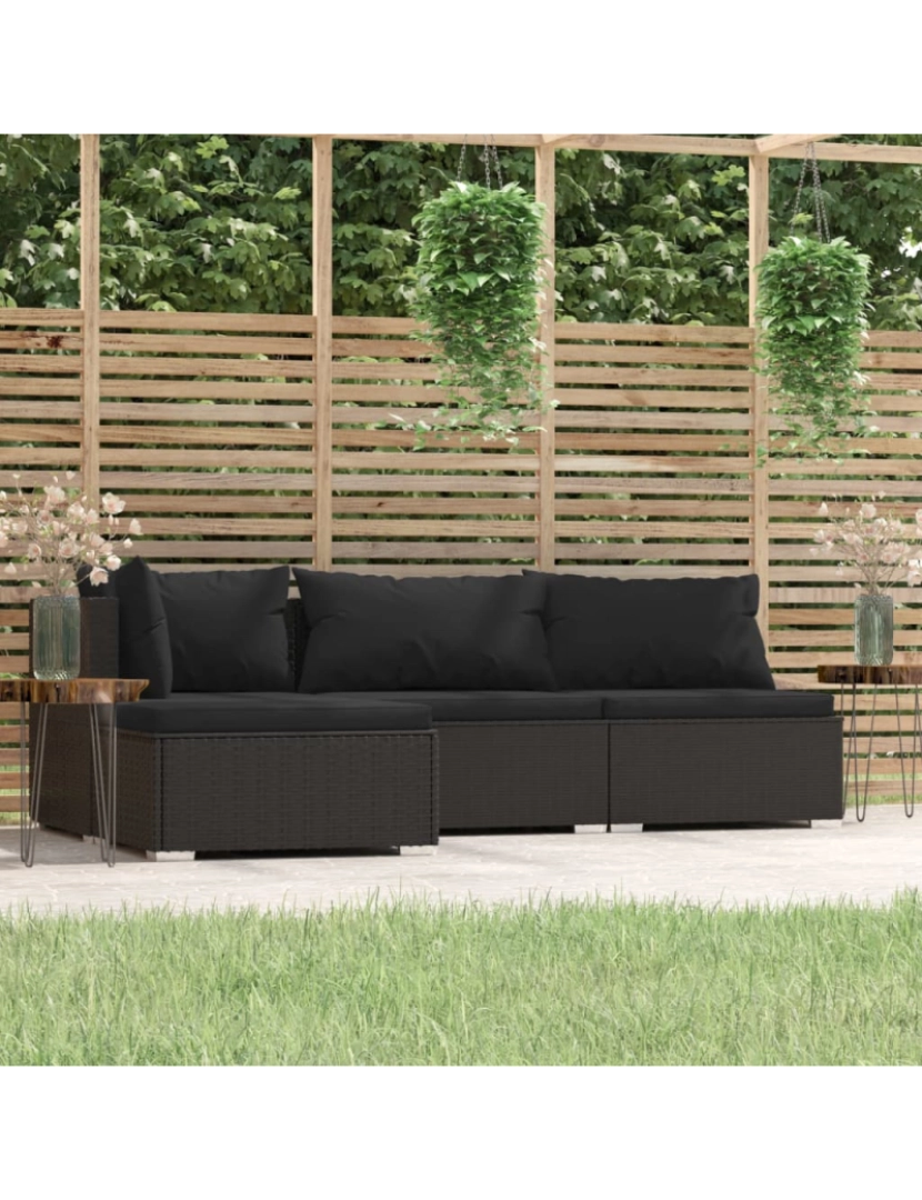 imagem de vidaXL 4 pcs conjunto lounge de jardim c/ almofadões vime PE preto2