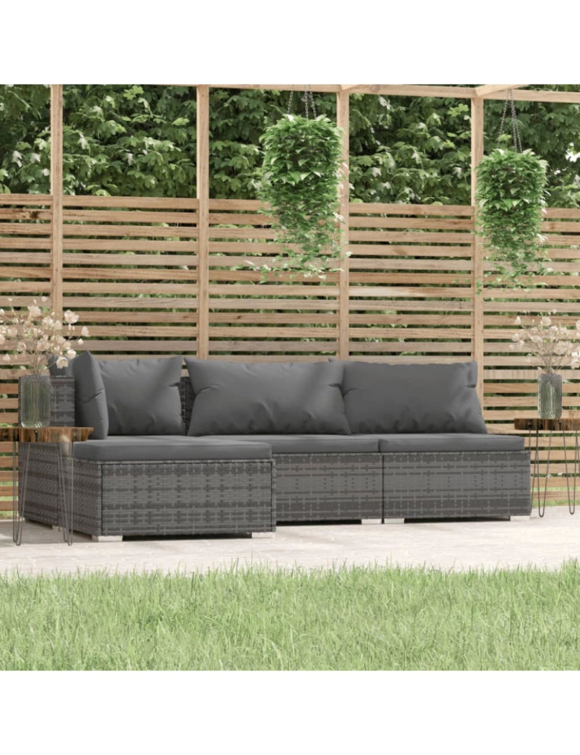 imagem de vidaXL 4 pcs conjunto lounge de jardim c/ almofadões vime PE cinzento2