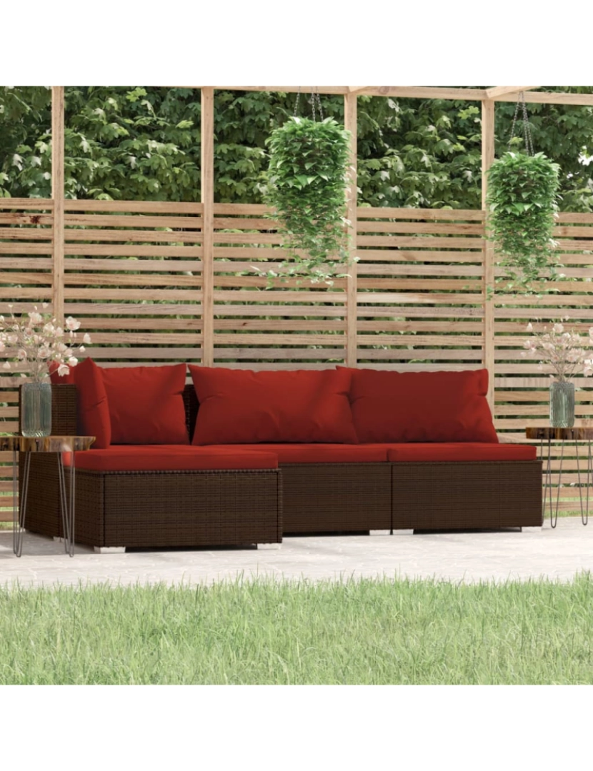 imagem de vidaXL 4 pcs conjunto lounge jardim c/ almofadões vime PE castanho3