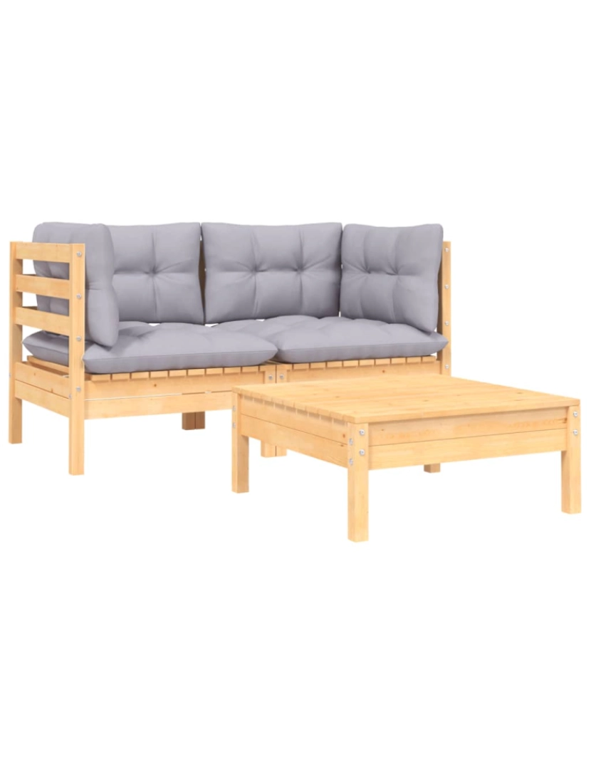 imagem de vidaXL 3 pcs conj. lounge jardim c/ almofadões cinzentos pinho maciço3