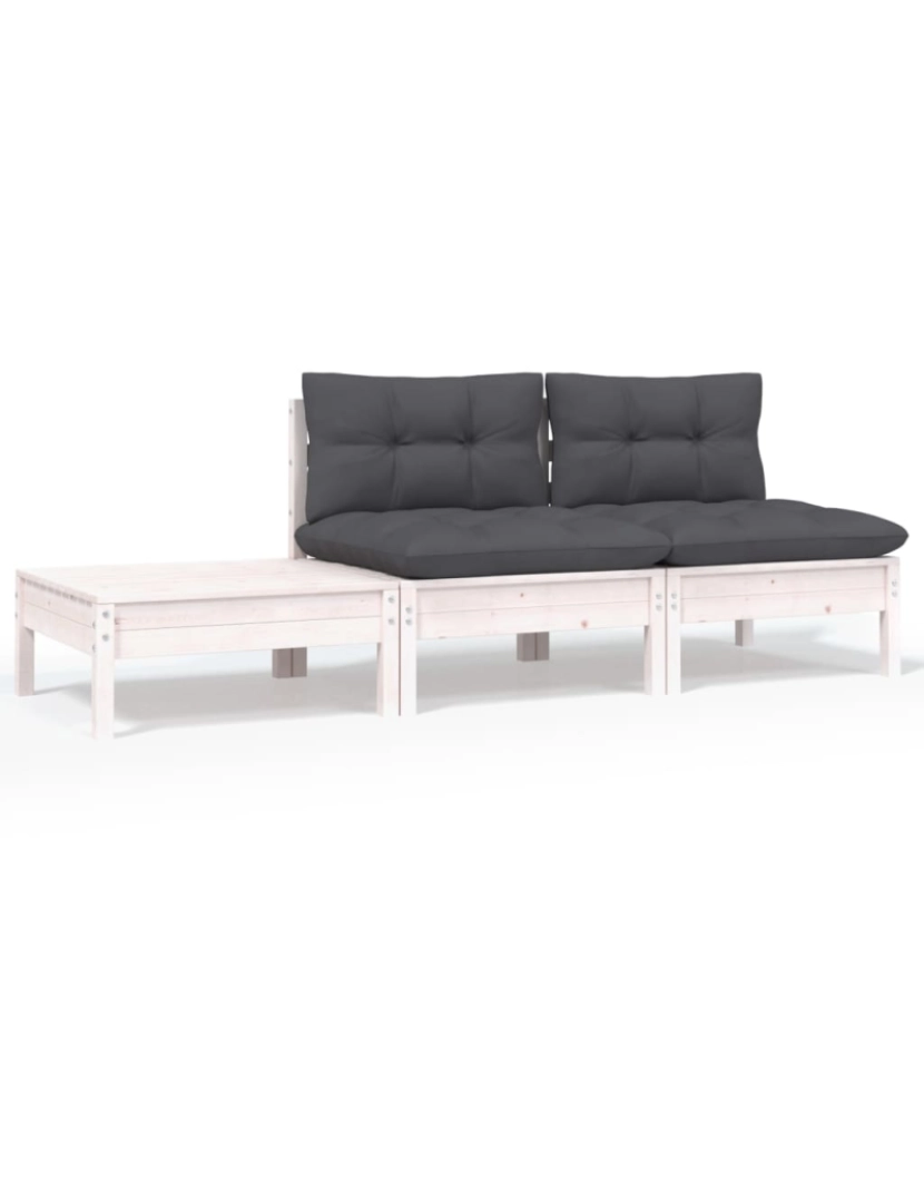 imagem de vidaXL 3 pcs conjunto lounge jardim c/ almofadões pinho maciço branco1