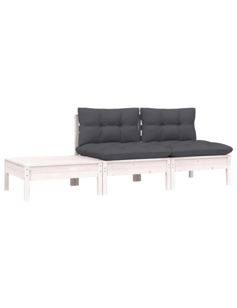 imagem de vidaXL 3 pcs conjunto lounge jardim c/ almofadões pinho maciço branco3