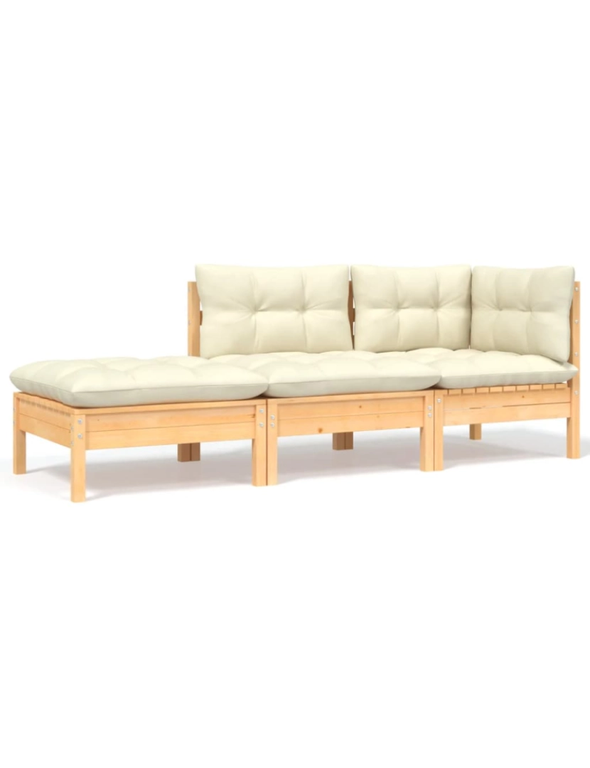 imagem de vidaXL 3 pcs conjunto lounge jardim c/ almofadões creme pinho maciço1