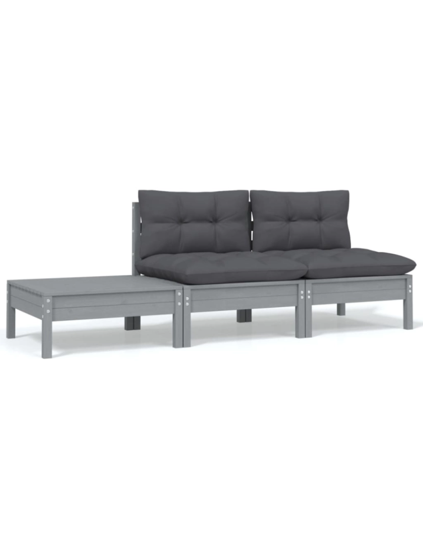 imagem de vidaXL 3 pcs conj. lounge jardim c/ almofadões pinho maciço cinzento1