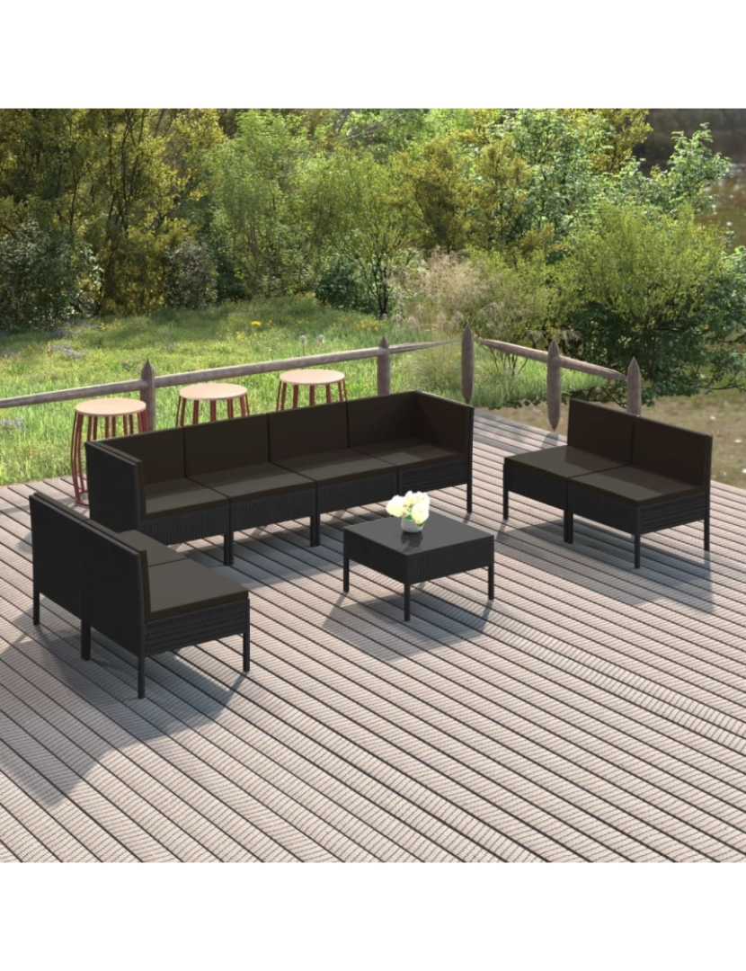 imagem de vidaXL 9 pcs conjunto lounge de jardim c/ almofadões vime PE preto2