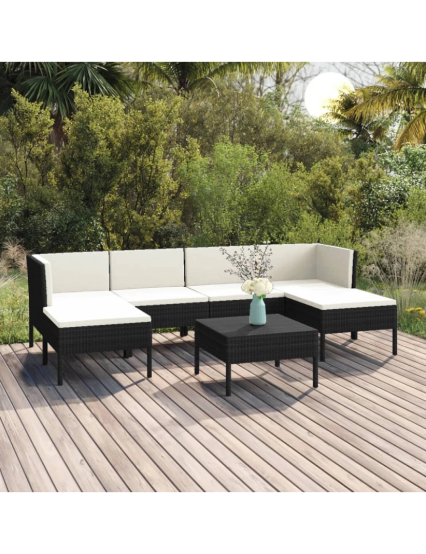 imagem de vidaXL 7 pcs conjunto lounge de jardim c/ almofadões vime PE preto2