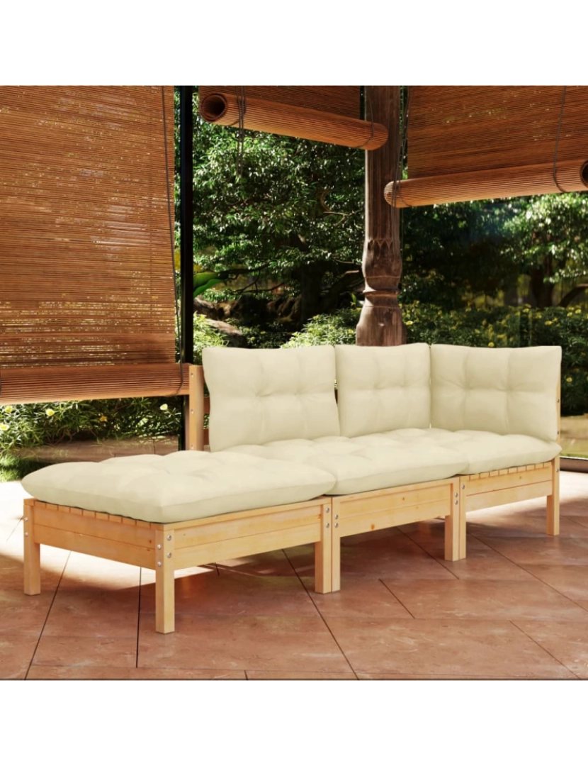 imagem de vidaXL 3 pcs conjunto lounge jardim c/ almofadões creme pinho maciço2