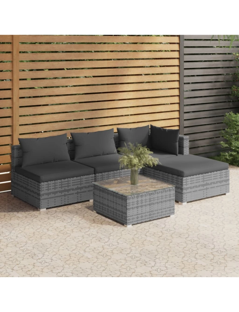 imagem de vidaXL 5 pcs conjunto lounge de jardim c/ almofadões vime PE cinzento2