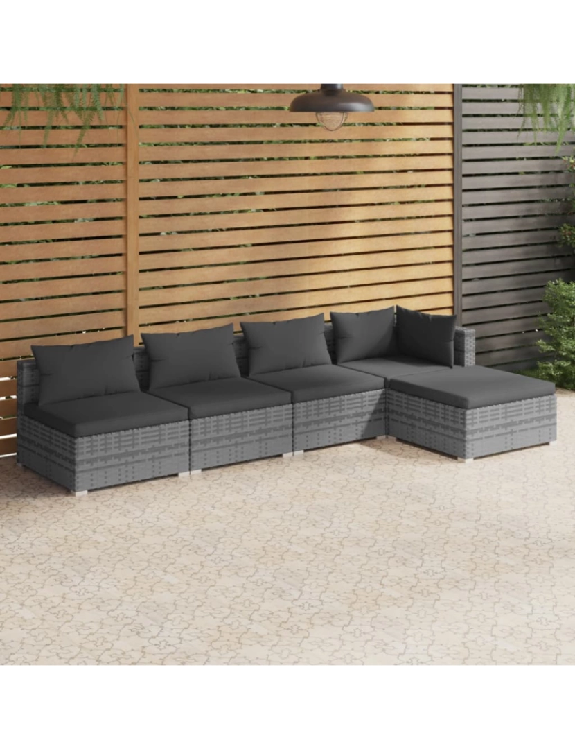 imagem de vidaXL 5 pcs conjunto lounge de jardim c/ almofadões vime PE cinzento2