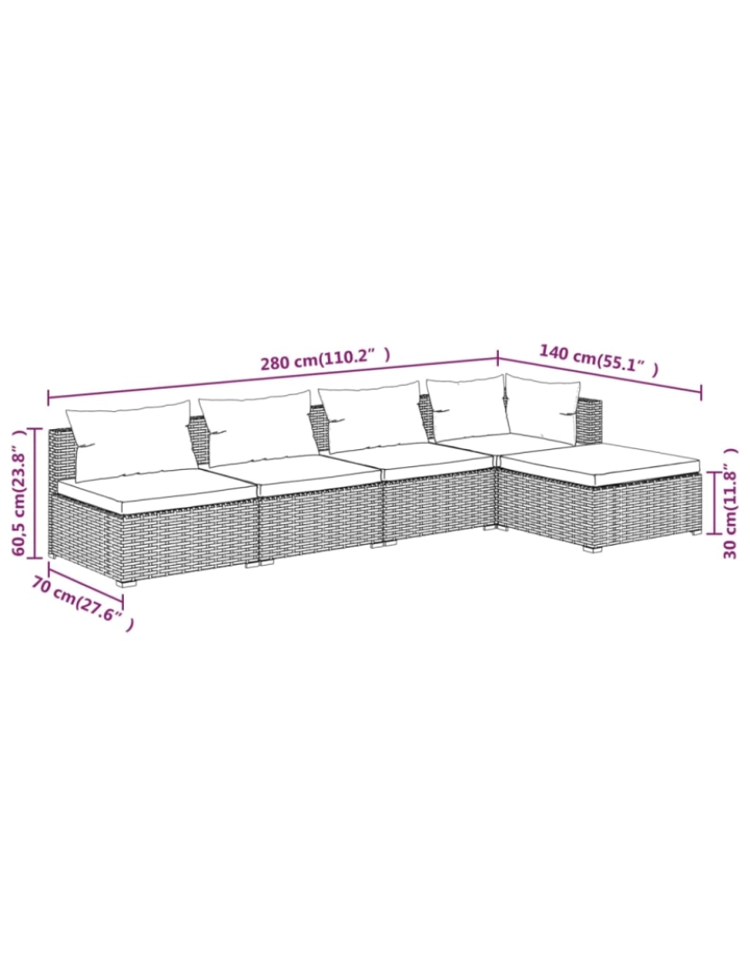 imagem de vidaXL 5 pcs conjunto lounge de jardim c/ almofadões vime PE cinzento7