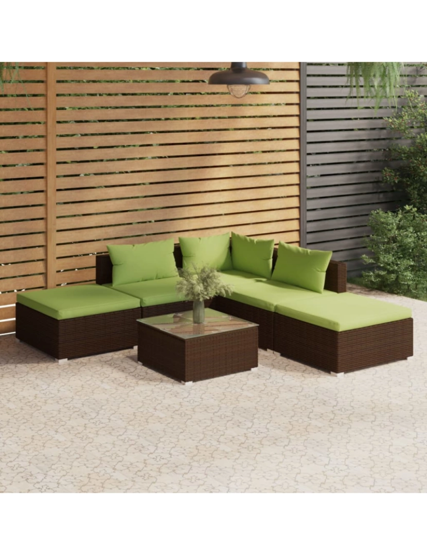 imagem de vidaXL 6 pcs conjunto lounge jardim c/ almofadões vime PE castanho2