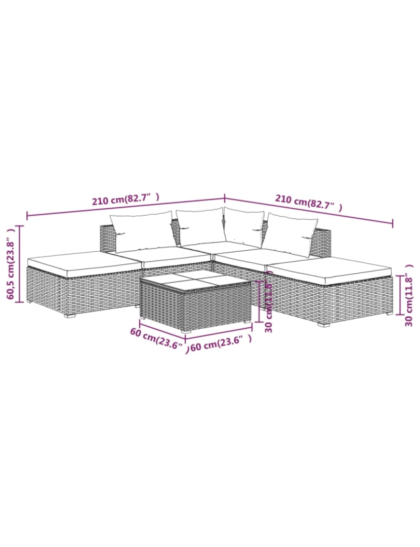 imagem de vidaXL 6 pcs conjunto lounge jardim c/ almofadões vime PE castanho8