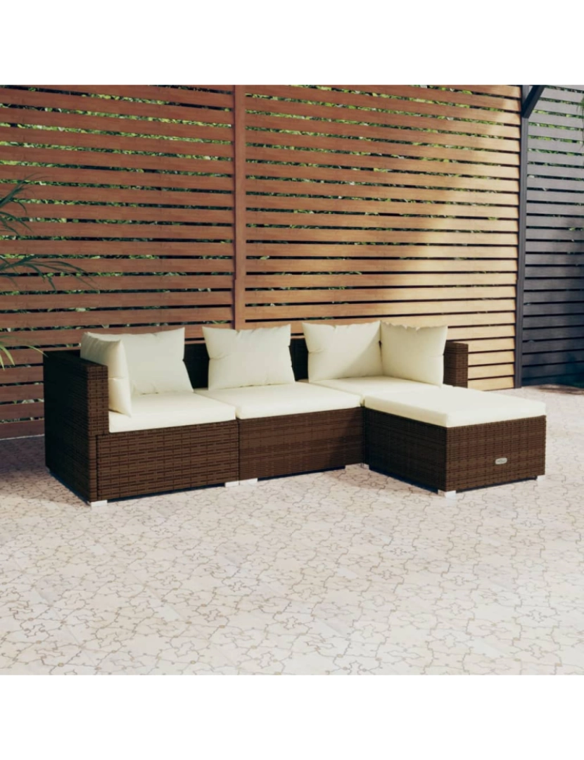 imagem de vidaXL 4 pcs conjunto lounge jardim c/ almofadões vime PE castanho2