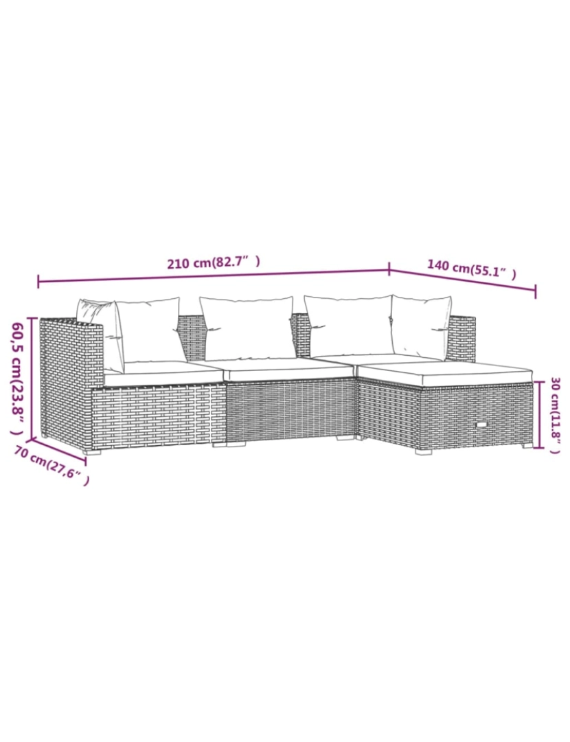 imagem de vidaXL 4 pcs conjunto lounge jardim c/ almofadões vime PE castanho7