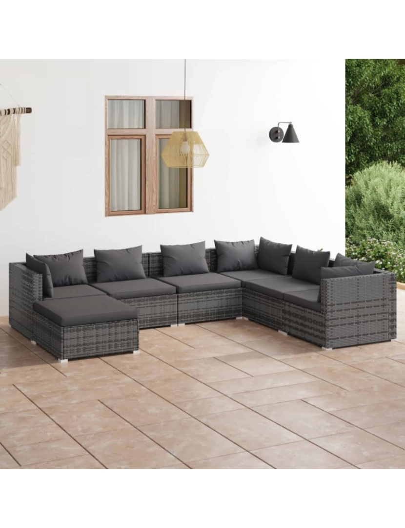 imagem de vidaXL 7 pcs conjunto lounge de jardim c/ almofadões vime PE cinzento3