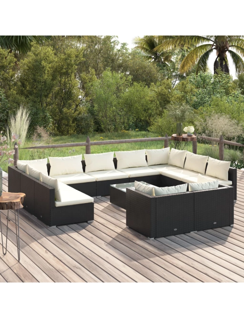 imagem de vidaXL 12 pcs conjunto lounge de jardim c/ almofadões vime PE preto2