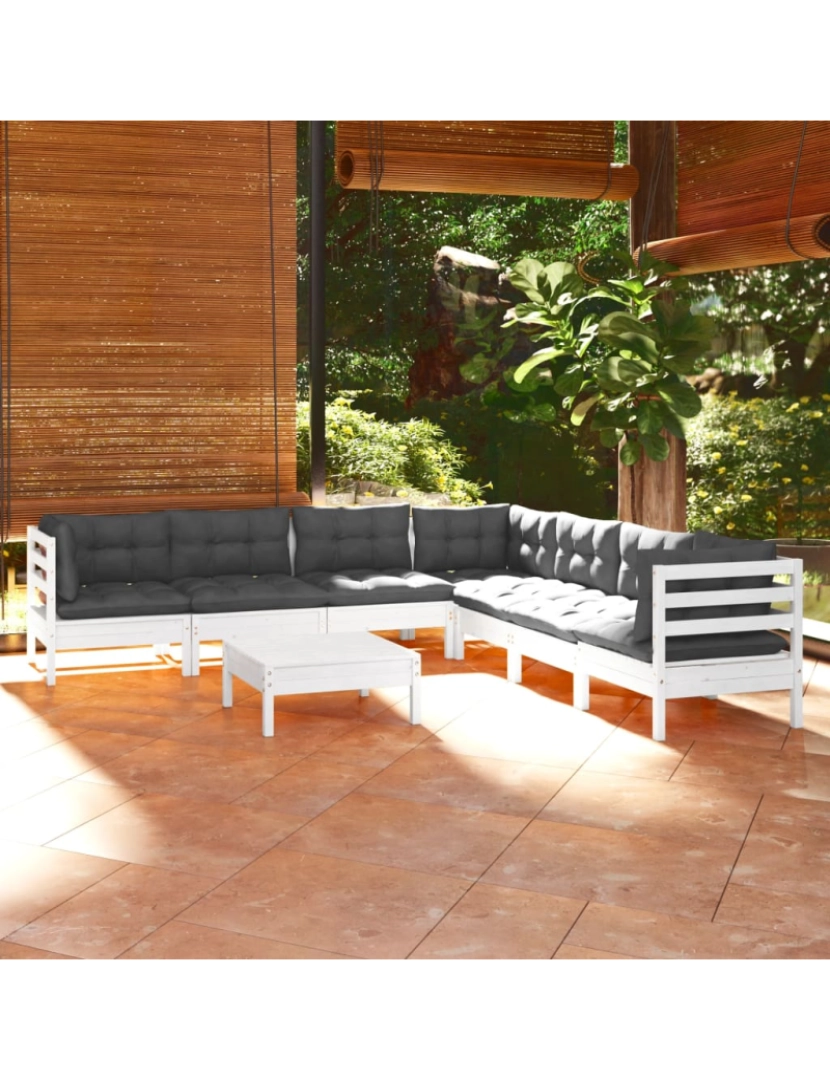 imagem de vidaXL 8 pcs conj. lounge de jardim c/ almofadões pinho maciço branco2