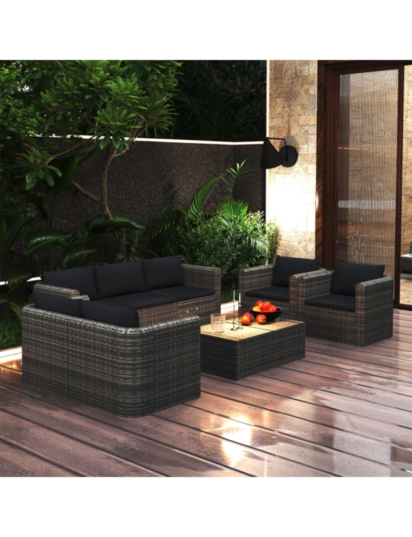 imagem de vidaXL 8 pcs conjunto lounge de jardim c/ almofadões vime PE cinzento2