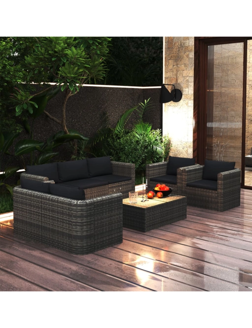 imagem de vidaXL 8 pcs conjunto lounge de jardim c/ almofadões vime PE cinzento3