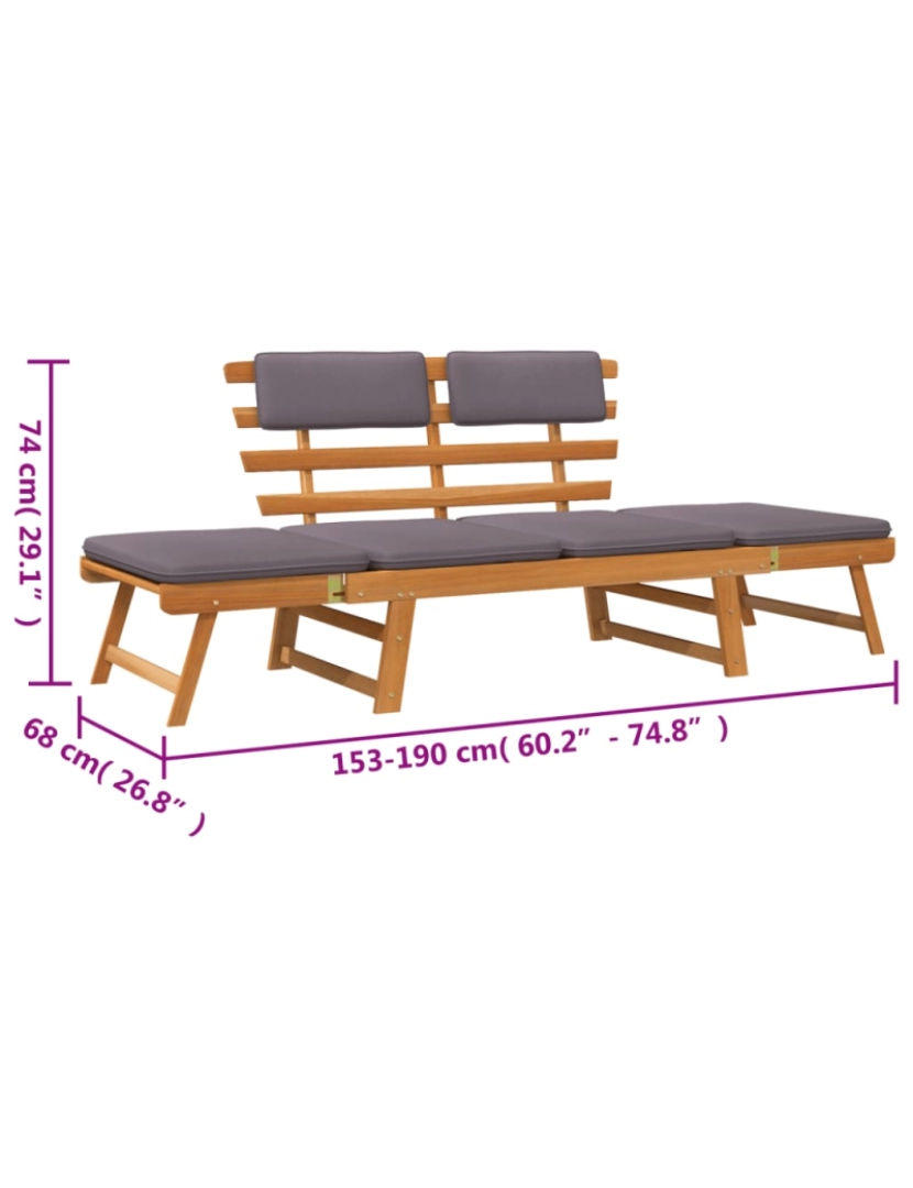 imagem de vidaXL Banco de jardim 2 em 1 c/ almofadão 190cm madeira acácia maciça10