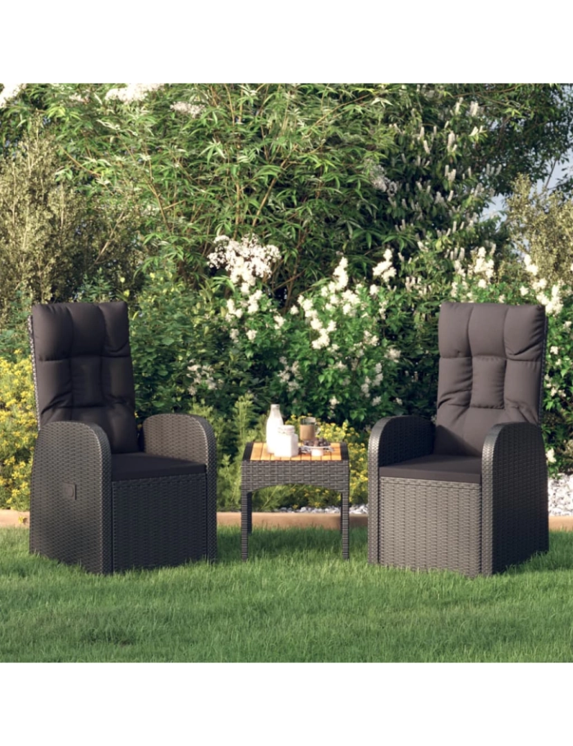 imagem de vidaXL Cadeiras de jardim reclináveis 2pcs c/ almofadões vime PE preto2