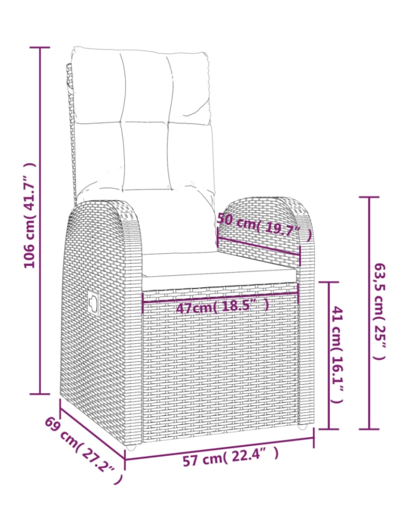 imagem de vidaXL Cadeiras de jardim reclináveis 2pcs c/ almofadões vime PE preto8