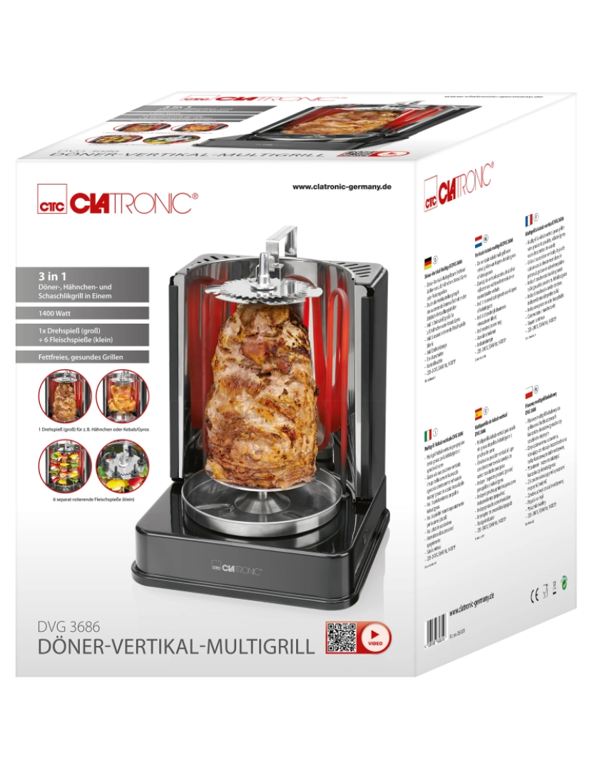 imagem de Forno Vertical Rotary Chicken Grill, Doner Kebab, Espetadas Clatronic DVG 3686, Preto10