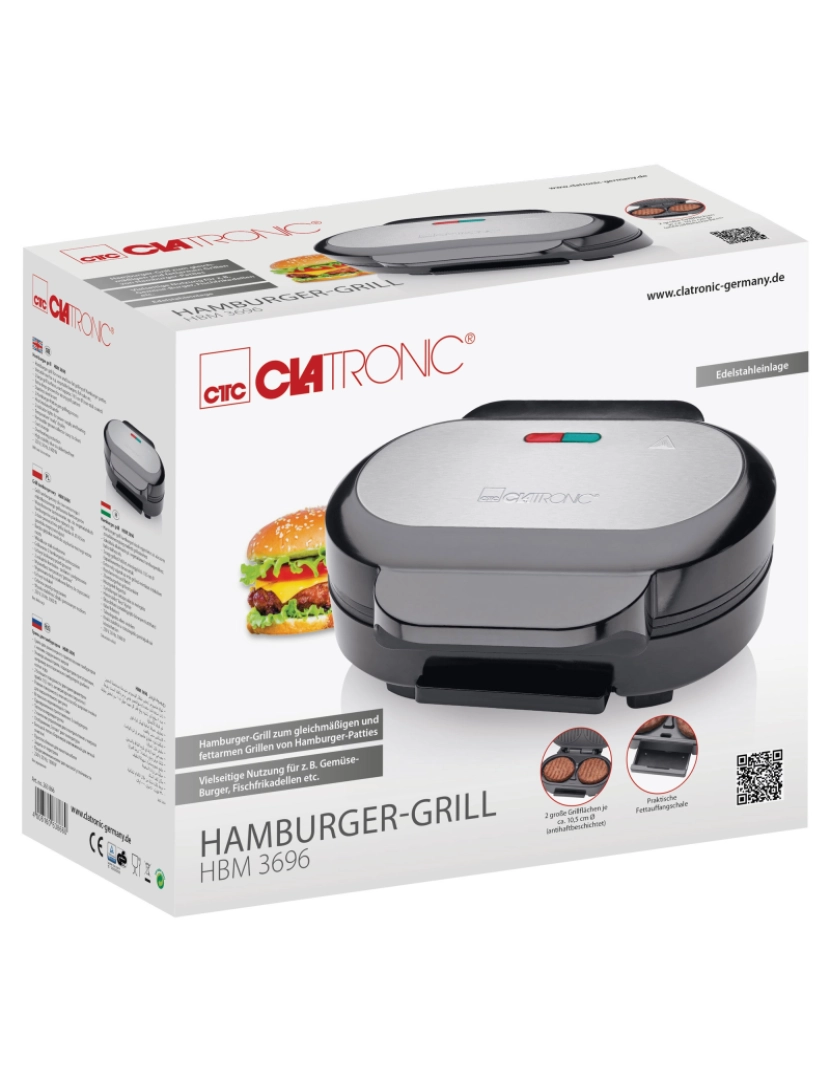 imagem de Grelhador para Burger Grill, 2 Superfícies de CozeduraAço Inoxidável Clatronic HBM 3696, Prata6