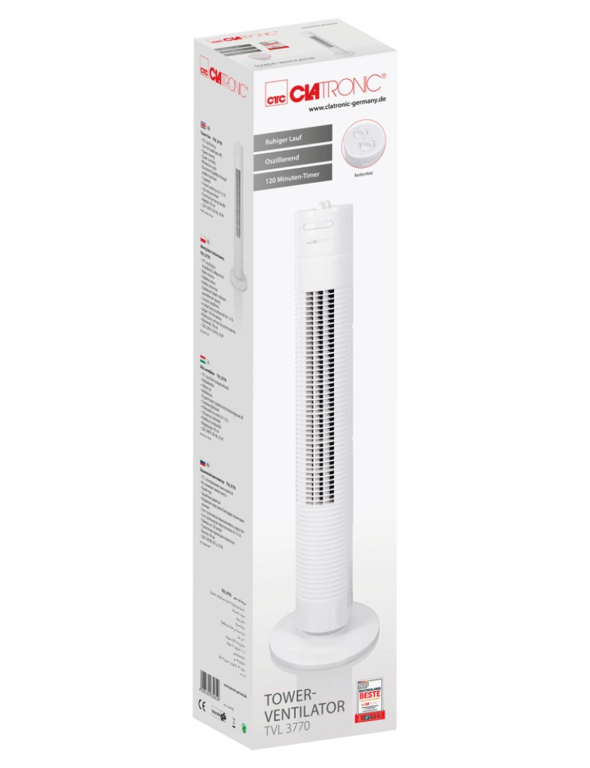 imagem de Ventilador Torre, Silencioso, Temporizador, Oscilante, 3 Velocidades, 78cm Clatronic TVL 3770W, Branco7