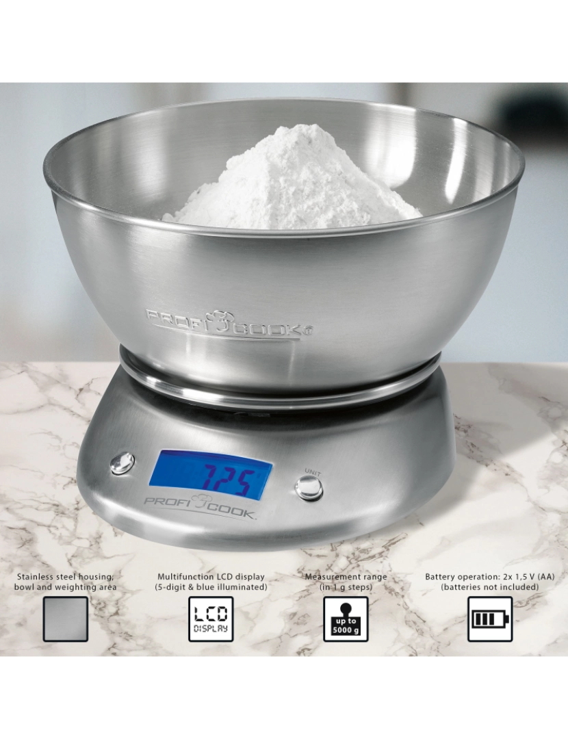 imagem de Balança de Cozinha Digital Taça 2 L Função de Tara Aço Inox Proficook KW 1040, Prata2