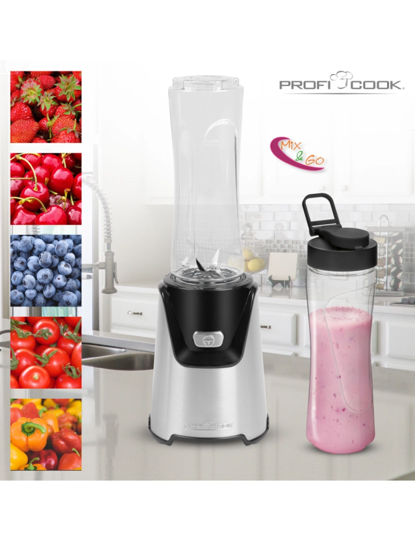 imagem de Liquidificadora Smoothie 2 Garrafas Portátiles, 0,6 litros, Lâminas de Aço Inoxidável Proficook SM 1153, Prata10