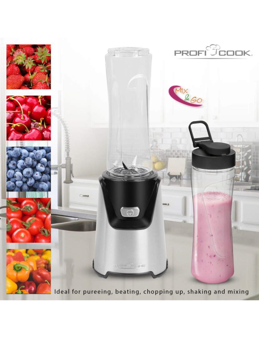 imagem de Liquidificadora Smoothie 2 Garrafas Portátiles, 0,6 litros, Lâminas de Aço Inoxidável Proficook SM 1153, Prata2