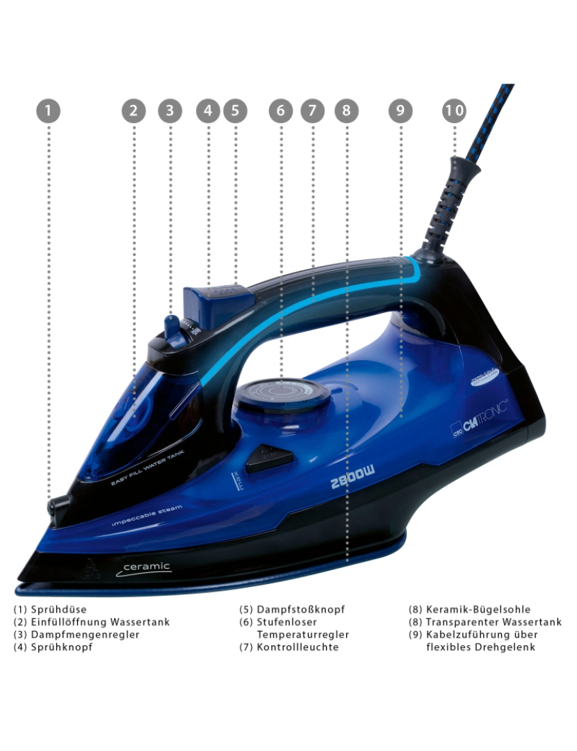 imagem de Ferro a Vapor base Cerâmica, Função de Engomar a Seco, Vapor Vertical, Sistema Anti-gota Clatronic DB 3755, Preto7
