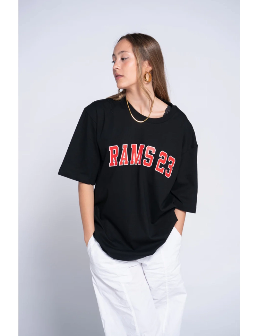 Rams 23 - Sobredimensionar camiseta preta com Universidade Vermelha