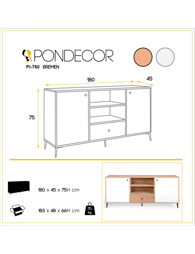 imagem de Aparador BREMEN em MDF carvalho e branco. Patas metal preto.4