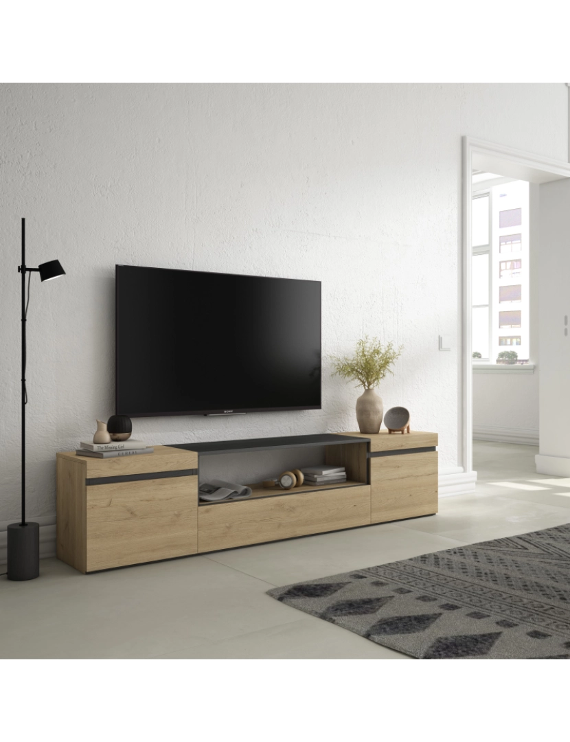 imagem de SKRAUT HOME - Móvel de TV - Muito espaço de arrumação - 200x45x35cm - Para televisores até 80" - Estante para TV - Estilo moderno - Carvahlo e preto2