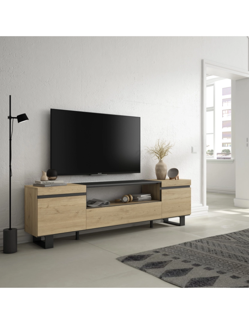 imagem de SKRAUT HOME - Móvel de TV - Muito espaço de arrumação - 200x57x35cm - Para televisores até 80" - Design industrial - Estilo moderno - Carvahlo e preto2